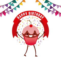happy birthday card with cartoon cupcake icon and party pennants decorations. colorful design. vector illustration