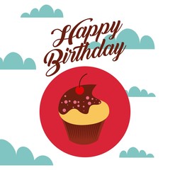 happy birthday card with cartoon cupcake icon over sky background. colorful design. vector illustration