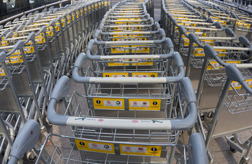 lot of trolleys for baggage at the airport.