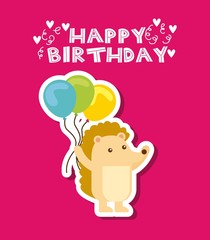 happy birthday card with cute Hedgehog holding balloons icon over pink background. colorful design. vector illustration