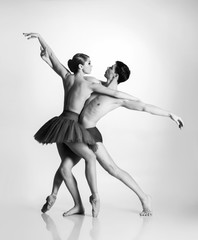 Young ballet dancers on a white background - obrazy, fototapety, plakaty