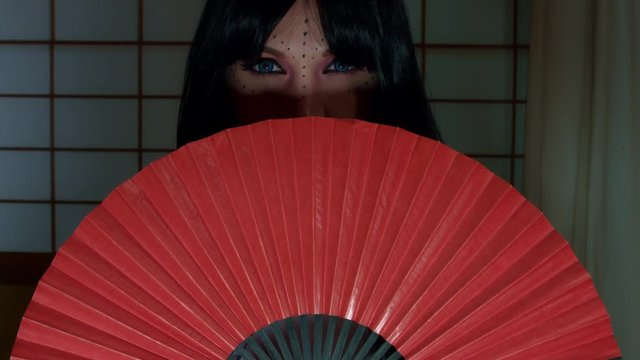 4k Anime Shot of a Japanese Woman Geisha Posing with a Red fan, Eyes only