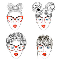 Set of drawing women faces with fashionable haircuts. Vector hairstyles illustration.