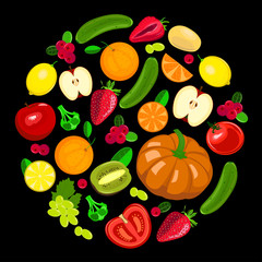 Collection illustration of harvest fruits and vegetables on black background. Seasonal vector illustration.