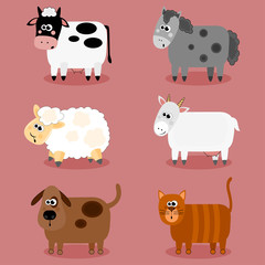 Funny farm animals and pets collection. Isolated sheep, cow, donkey goat, cat and dog. Vector illustration.