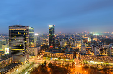 Fototapeta na wymiar Aerial view of Warsaw in the soft evening light, Warsaw, Poland.