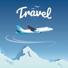 Airplane flying above mountains. Vector travel illustration. Winter tourism. Use for your banner, flyer and card design.