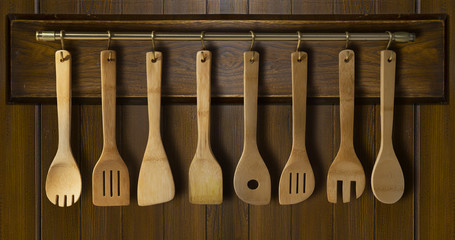 Kitchen utensil: wooden spoon, wooden fork wooden spatula