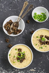Vegetable cream soup puree with cheese, croutons, chives and toast grill in portion bowl on a dark background. To