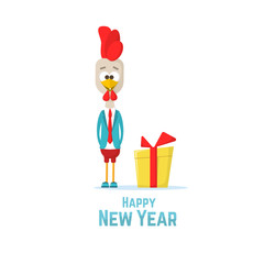 Naklejka premium Cartoon rooster in a blue jacket with a gift. Rooster, symbol of New 2017 - according to Chinese calendar Year of red fiery cock.
