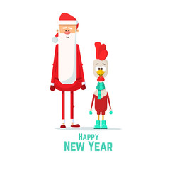 Cartoon Rooster and Santa Claus. Christmas characters for design