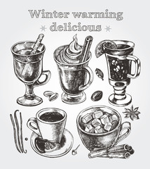 Hand drawn set of warming beverages. Vector isolated elements, collection of hot drinks and spices. Template for menu design, posters, flyers. - 131411122