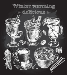Hand drawn set of warming beverages. Vector isolated elements, collection of hot drinks and spices. Template for menu design, posters, flyers.