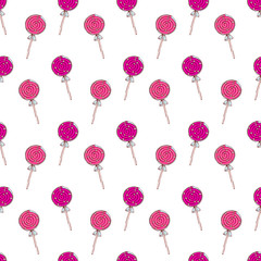 Cute seamless pattern made of pink lolly pop candies.