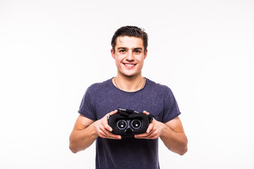 Man wearing virtual reality using a VR headset on white background