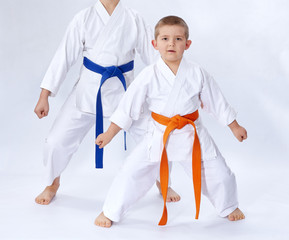 Two athletes in karategi stand in the rack karate on a white background © andreyfire