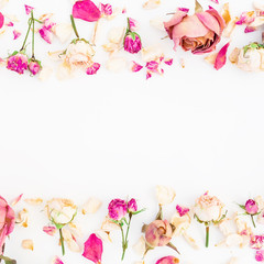 Pattern with pink roses isolated on white background, Flat lay, Top view