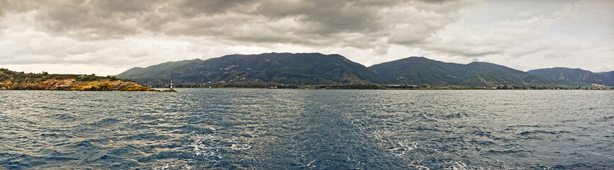 Panoramic view of the mediterranean landscape/Departure from the port in Greece Island