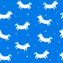 Obraz na płótnie Canvas Seamless pattern with fun unicorn and stars on blue background. Merry Christmas ornament for textile and wrapping. Vector