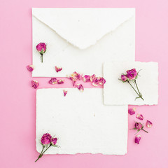 Pink roses and paper cards isolated on pink background. Flat lay, Top view