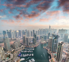 Aerial view of Dubai Marina from a vantage point at sunset
