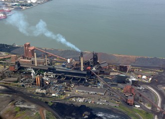  aerial of a heavy industrial area along the lake shore in Hamilton, Ontario Canada 