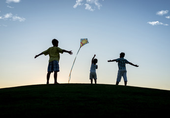 Little boy on summer vacation having fun and happy time flying k