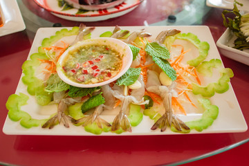 Raw shrimp and spicy sauce, seafood thailand.