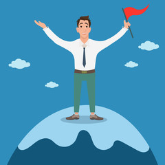 Successful businessman holding red flag on top of mountain. Success concept. Cartoon Vector Illustration.