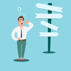 Businessman in front of a choice. Business man thinking which way to go