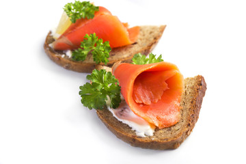 Two sandwiches with smoked salmon, sauce and parsley on a white background