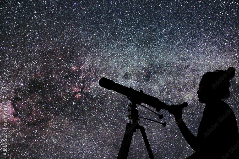 Wall mural woman with telescope watching the stars. stargazing woman and ni