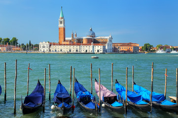 Gondolas moored near San Marco square across from San Giorgio Ma