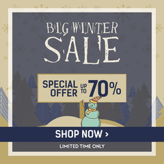Winter sale social network banner. Grey background, snowflakes, tree and snowman. Square