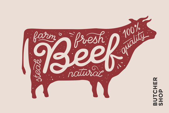 Trendy illustration with red cow silhouette and words Beef, fresh, steak, natural, farm. Creative graphic design for butcher shop, farmer market. Poster for meat related theme. Vector Illustration