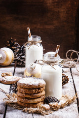 New year cookies and cream in the festive decorations, vintage w
