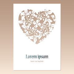 Card with openwork heart with leaves pattern and space for text.