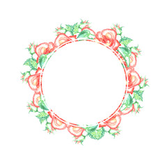 Romantic wreath with red roses and green leafs. Handdrawn artwork