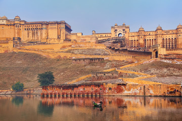 Amber Fort reflected in Maota Lake near Jaipur, Rajasthan, India