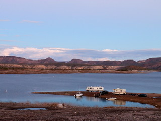 Campers and Boats Parked on Lake Pleasant Shoreline