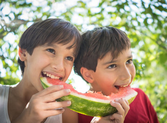 Boys with watermelon enjoying summer