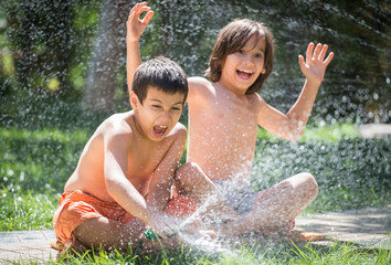 Cute little boys on summer meadow splashing water having fun and