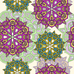 Seamless pattern with  multicolor doodle  mandalas. Vintage deco