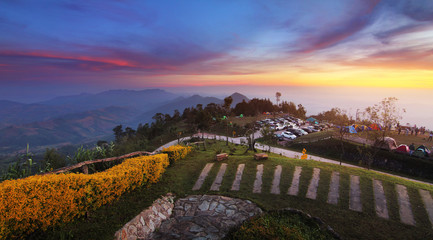 Obraz premium Beautiful panorama scenery during sunrise time of Khun Sathan National Park at Nan province in Thailand is a very popular for photographer and tourists. Attractions and natural Concept