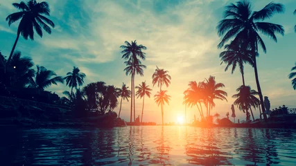 Crédence de cuisine en verre imprimé Coucher de soleil sur la plage Belle plage tropicale avec des silhouettes de palmiers au crépuscule.