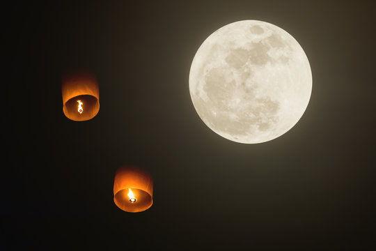 Floating lanterns and supper moon