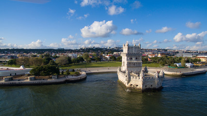 Fototapeta premium Aerial view of Belem tower in Lisbon, Portugal