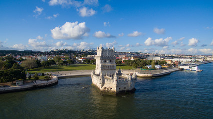 Aerial view of Belem tower in Lisbon, Portugal