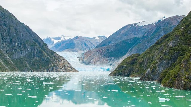Sawyer Glacier Wide Shot in Tracy Arm Fjord Alaska with Floating Pieces of White Ice in the Water