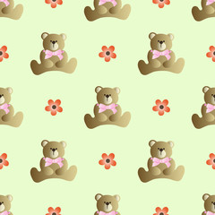 Seamless pattern with teddy bear with a bow and flowers on a green background